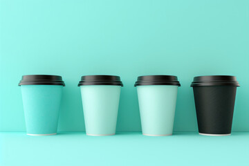 Four black coffee cups lined up on a turquoise background in a 3d ing photo