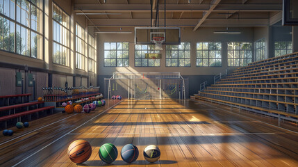Abandoned School Gymnasium with Sports Equipment and Bleachers