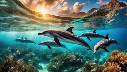 a view of a group of dolphins swimming in the sea
