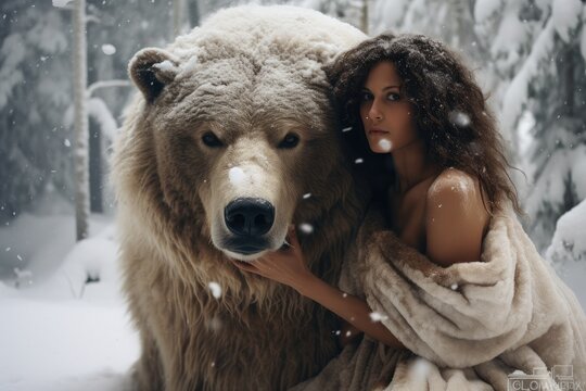 Dark-skinned goddess with her huge bear as a pet