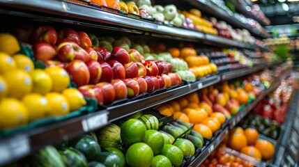 Bountiful Produce Section With Fresh Fruits and Vegetables - obrazy, fototapety, plakaty