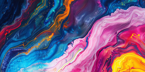 Abstract background in acrylic paint, bold colors wave and swirl rainbow colors - obrazy, fototapety, plakaty