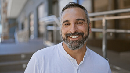 Handsome senior hispanic man with grey beard smiling on a sunny urban street.