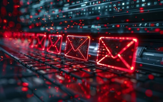 My email inbox is overflowing with unsolicited emails, some of which are flagged with red warning icons indicating possible dangers.