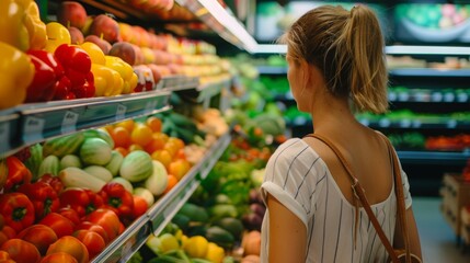 Obraz premium Woman Standing in Front of Fruits and Vegetables Display