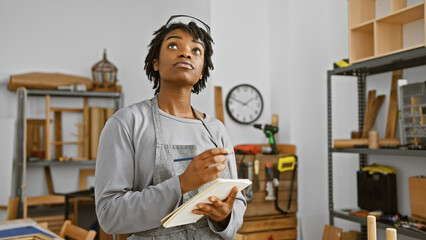 A thoughtful young african american woman with dreadlocks wears a grey apron in a woodworking studio, taking notes and planning a project.