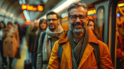 Fototapeta premium Amidst bustling streets, hearts alight with joy, embracing public transit's eco-friendly embrace. Smiles bloom like wildflowers, sustaining hope for our planet's future. 