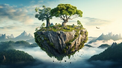 An illustration of a tree growing on a floating cliff. The tree is surrounded by clouds of mist. The mist is white and fine - obrazy, fototapety, plakaty