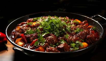 A view of delicious meat and American mutton curry spicy on a plate