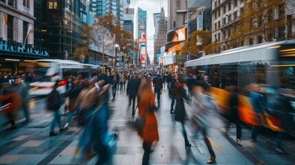 Long exposure shot of a crowded business district,  with a blur of professionals walking briskly along the sidewalks during rush hour - obrazy, fototapety, plakaty