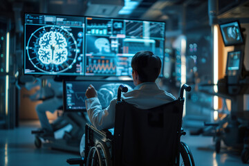 A paralytic man in wheelchair gazing at a monitoring screen. Brain computer interface.  - obrazy, fototapety, plakaty
