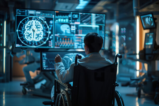 A paralytic man in wheelchair gazing at a monitoring screen. Brain computer interface. 
