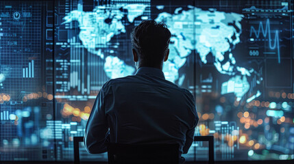 A man is sitting in front of a computer monitor that shows a map of the world. The man is looking at the screen intently, possibly studying the data or analyzing some information