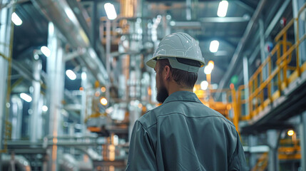 Obraz premium A man in a grey shirt and a hard hat stands in front of a large industrial building. Concept of industrial work and safety, as the man is wearing a hard hat