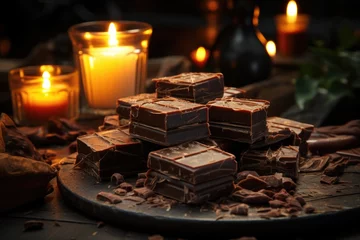  Pieces of chocolate tablet in a black wood table and cocoa sprinkled at the top, generative IA © Gabriel