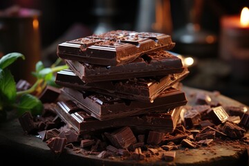 Chocolate bar stack as a food background, confectionery cocoa product, generative IA