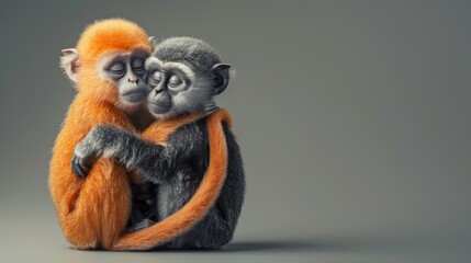 A close-up of orange and gray monkeys as a concept of love and friendship. 