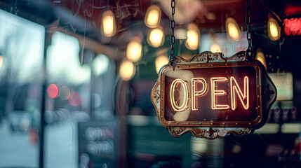 A neon sign that says open hangs in a window. The sign is lit up and is surrounded by other lights - Powered by Adobe