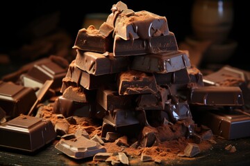Broken chocolate pile on the table against a brown background and hot chocolate sp, generative IA