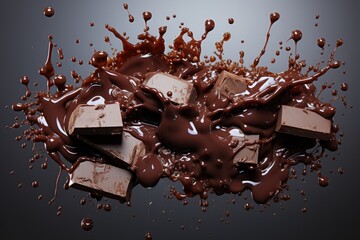 Battery of chocolate pieces and isolated chocolate syrup in the white background c, generative IA - obrazy, fototapety, plakaty
