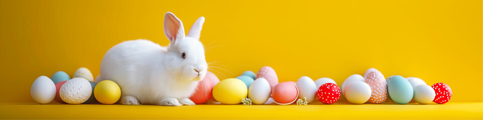 Fototapeta na wymiar White rabbit and multi-colored Easter eggs on the yellow background.