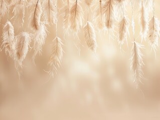 Ethereal Feather Drift, A delicate and dreamy display of soft white feathers hanging gracefully against a warm, creamy background, embodying a sense of lightness and serenity.