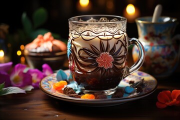 Obraz na płótnie Canvas Cocoa dessert of sweet chocolate and milk sweet and milk, generative IA