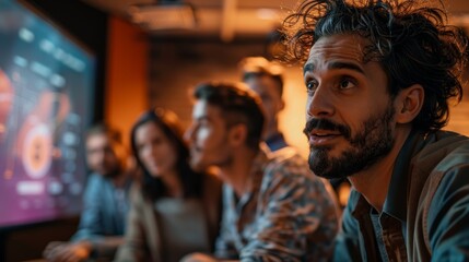 A diverse team of professionals is attentively engaged in a digital presentation, focused on the analysis of dynamic charts and graphs in a collaborative workspace.