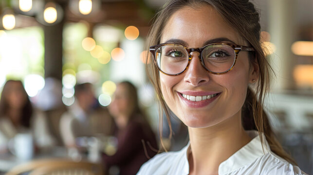A woman wearing glasses is smiling and posing for a picture. She is surrounded by other people in the background, but the focus is on her. Concept of happiness and confidence
