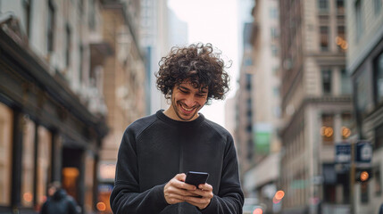 A man with curly hair is smiling as he looks at his cell phone. He is standing on a city street, surrounded by tall buildings - obrazy, fototapety, plakaty