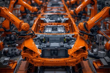 Central view of an auto manufacturing unit, orange robots installing parts on car bodies, symbol of industrial automation. In-depth look at production, automated arms fitting components in vehicles