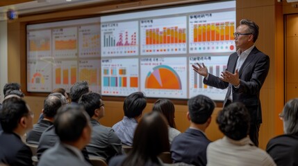 A charismatic corporate trainer energetically engages with a diverse audience of professionals, elucidating market analytics using a vibrant digital presentation in a seminar setting.