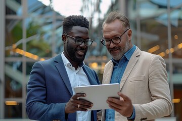 Two business colleagues with multicultural background smiling while looking at data on tablet in modern office environment.