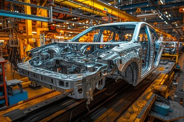 Obraz premium Industrial setting radiates with warm hues, showcasing a car frame on the conveyor ready for the next phase. Metallic car chassis travels on a production conveyor in a factory bathed in orange light
