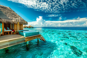luxury villas on the water in the maldives. beautiful places for travel and relaxation - obrazy, fototapety, plakaty