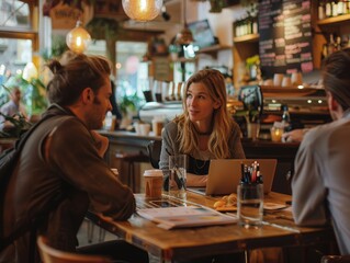 Three business professionals are engaged in a creative discussion regarding project ideas in a cozy and warm cafe with a vintage chandelier above them.