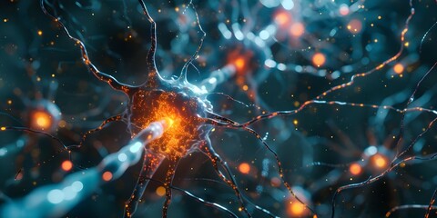 Neuroscience concept with brain stem cells firing and nervous system closeup. Concept Neuroscience, Brain Stem Cells, Nervous System, Cellular Communication, Neurological Signaling - obrazy, fototapety, plakaty