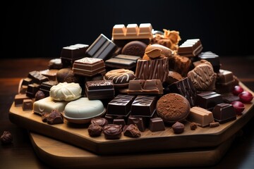 Variety of superior view of delicious chocolate products, generative IA