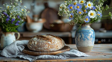 A delicious handmade sourdough loaf sits on a wooden table along with a ceramic vase filled with fresh wildflowers, creating a warm, rustic atmosphere.