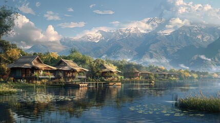 Fototapeta premium Serene Lakeside Scenery with Traditional Waterfront Houses and Mountain Backdrop