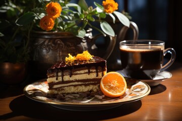 Side view of chocolate cheesecake with kumquat served with tea, generative IA