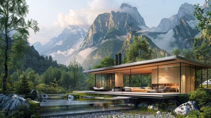Naklejka premium The house's modern architecture with glass walls overlooks a calm lake with stunning views of the forest and mountains, creating perfect harmony between contemporary design and nature.
