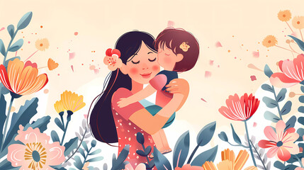 Happy Mother's day website banner.Mother hugging lovely daughter with flowers background.flat vector illustration.