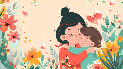 Happy Mother's day website banner.Mother hugging lovely daughter with flowers background.flat vector illustration.