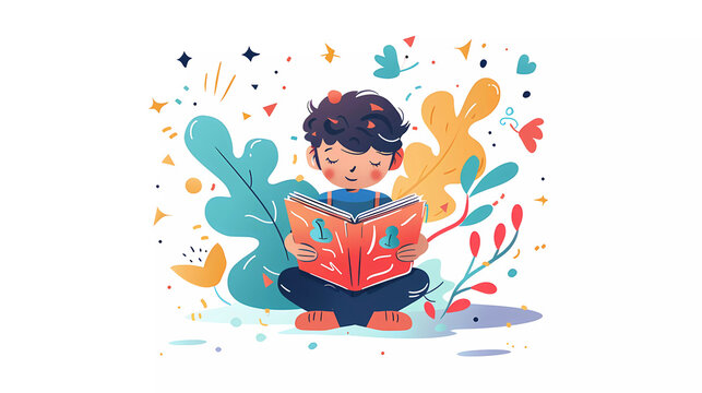 Happy child holding and reading book with flowers on white background.World book day.flat vector illustration.