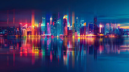 Neon Cityscape Abstract Background with Urban Sprawl Reflections