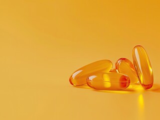 Sunshine Vitamin Capsules, sunlit visual of transparent omega-3 oil capsules on a warm, monochromatic orange background, reflecting themes of health, vitality, the importance of dietary supplements