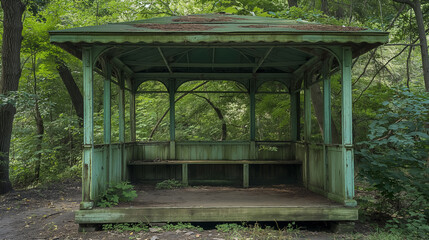 Naklejka premium Abandoned green gazebo in woods.