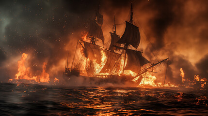 Fiery shipwreck in stormy seas.