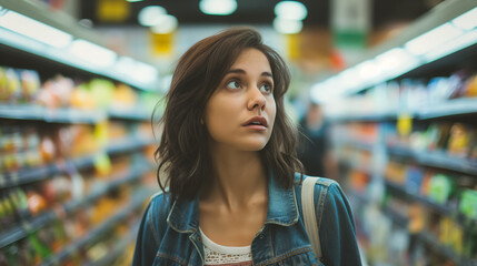 Woman looking up in grocery aisle.